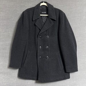 Downstairs Overcoat 40R Charcoal Gray Wool Double Breasted Pea Dress Quilt Lined